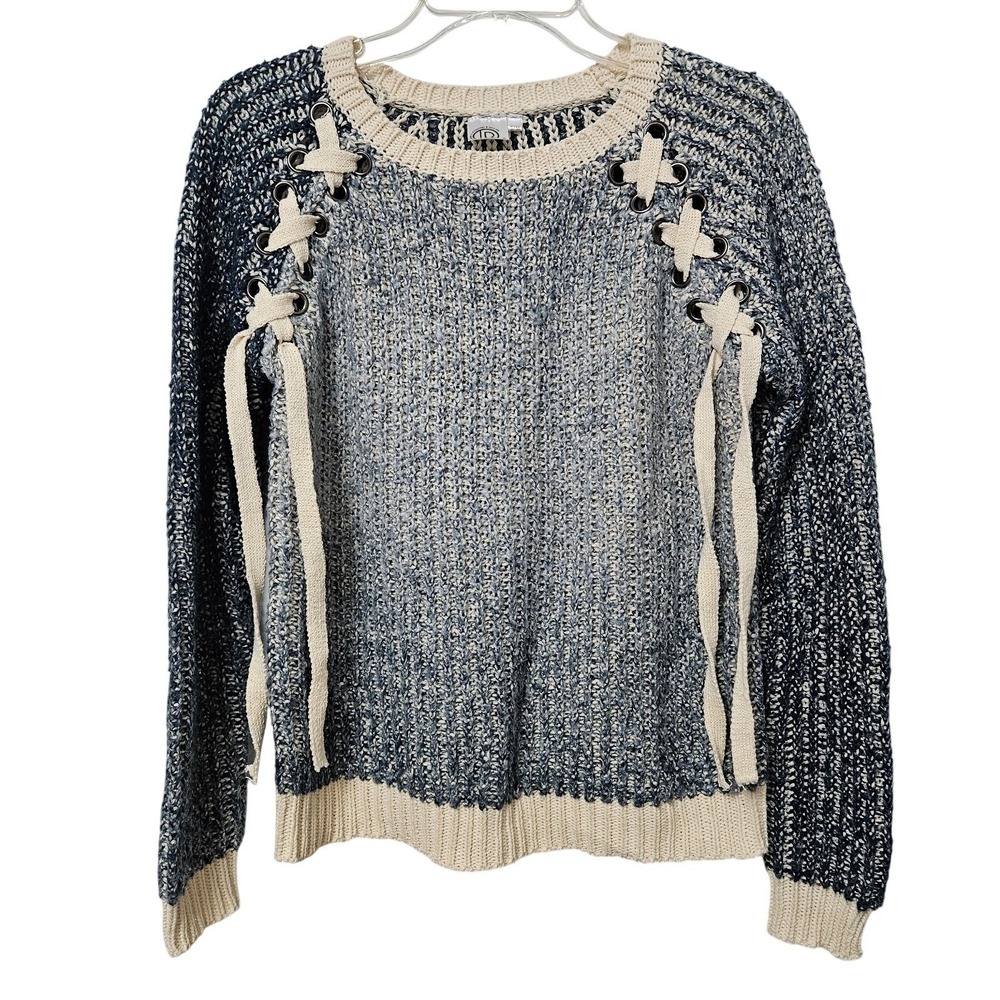 Bohemian R Fashion Apparel Lace Up Shoulder Knit Sweater Womens S/M‎ Blue Marled